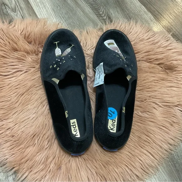 Keds Black Velvet Embroidered Flats Size 10 - Picture 4 of 5